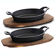 Bruntmor Mini Cast Iron Sizzler Plates Skillet Set Of 4. Oval Fajita Plate With Wooden Base/ Pan Tray Serving Sizzling Dish And Fajitas, Hot Steak Skillet Dish Without Sinking (2 Sets)
