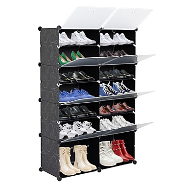Inq Boutique 7-Tier Portable 28 Pair Shoe Rack Organizer 14 Grids Tower Shelf Storage Cabinet Stand Expandable for Heels, Boots, Slippers, Black RT. View a larger version of this product image.