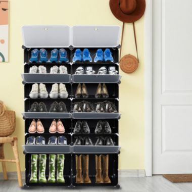 Inq Boutique 7-Tier Portable 28 Pair Shoe Rack Organizer 14 Grids Tower Shelf Storage Cabinet Stand Expandable for Heels, Boots, Slippers, Black RT. View a larger version of this product image.