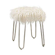 Contemporary Home Living 20.5" White Faux Fur Retro Foot Stool with Silver Metal Legs