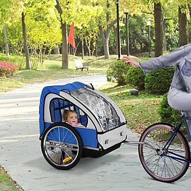 Aosom 2-Seat Kids Child Bicycle Trailer with a Strong Steel Frame, 5-Point Seat Harnesses, & Comfortable Seat, Blue. View a larger version of this product image.