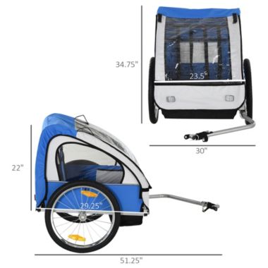 Aosom 2-Seat Kids Child Bicycle Trailer with a Strong Steel Frame, 5-Point Seat Harnesses, & Comfortable Seat, Blue. View a larger version of this product image.