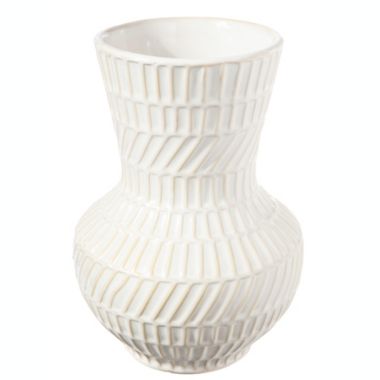 Urban Trends Collection Ceramic Round Bellied Vase with Trumpet Mouth and Embossed Lattice Pattern SM Gloss Finish White. View a larger version of this product image.