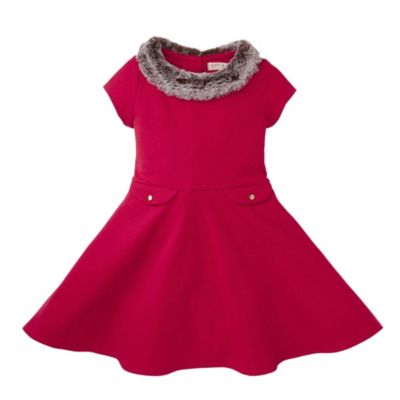Hope & Henry Girls&#39; Fit and Flare Ponte Dress with Faux Fur (Red, 18-24 Months)