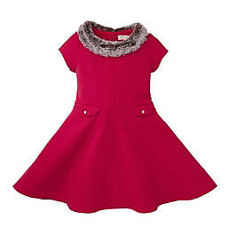 Hope & Henry Girls' Fit and Flare Ponte Dress with Faux Fur (Red, 18-24 Months)