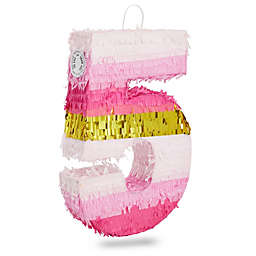 Blue Panda Small Pink and Gold Foil Number 5 Pinata for Kids 5th Birthday Party Decorations (16.5 x 11.6 In)