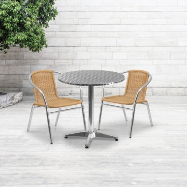 Emma + Oliver 27.5" Round Aluminum Table Set-2 Beige Rattan Chairs. View a larger version of this product image.