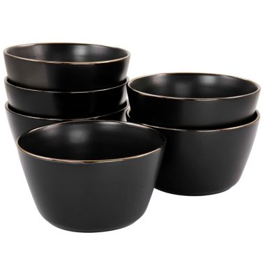 Elama Paul 6 Piece Stoneware Bowl Set in Matte Black with Gold Rim. View a larger version of this product image.