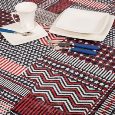 Carnation Home Fashions "Patriotic Patchwork" Vinyl Flannel Backed Tablecloth - 60x60", Red/White/Blue. View a larger version of this product image.