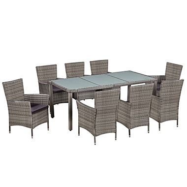 vidaXL 9 Piece Patio Dining Set with Cushions Poly Rattan Gray. View a larger version of this product image.
