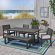Contemporary Home Living 6-Piece Gray Finish Rectangular Wood Outdoor Furniture Patio Dining Set - Gray Cushions