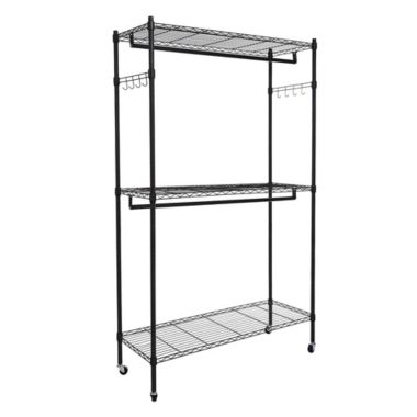 Inq Boutique Double Rod Closet 3 Shelves Wire Shelving Clothing Rolling Rack Heavy Duty Garment Rack. View a larger version of this product image.