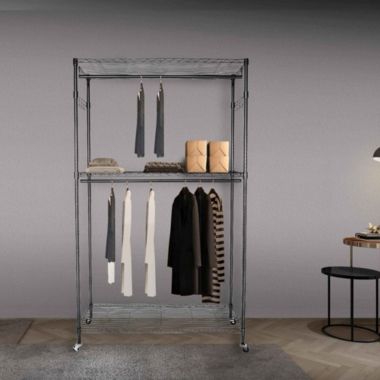 Inq Boutique Double Rod Closet 3 Shelves Wire Shelving Clothing Rolling Rack Heavy Duty Garment Rack. View a larger version of this product image.