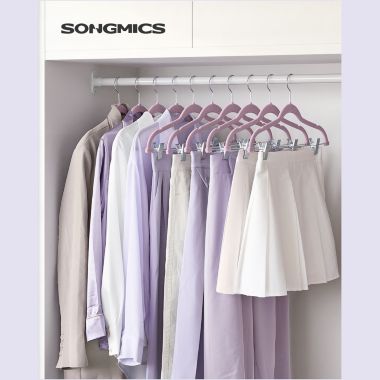 SONGMICS Pants Hangers, Set of 30 Velvet Hangers with Adjustable Clips, Space-Saving, Non-Slip for Skirts, Coats, Dresses, 16.7-Inch Long, Pale Purple. View a larger version of this product image.