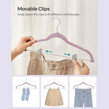 SONGMICS Pants Hangers, Set of 30 Velvet Hangers with Adjustable Clips, Space-Saving, Non-Slip for Skirts, Coats, Dresses, 16.7-Inch Long, Pale Purple. View a larger version of this product image.