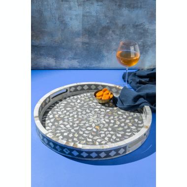 GAURI KOHLI Jodhpur Mother of Pearl Decorative Tray - Gray, 18". View a larger version of this product image.