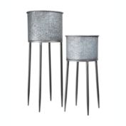 Urban Trends Collection Metal Round Planter with Twisted Rim Mouth, Corrugated Design Body and Quadpod Stand Set of Two Galvanized Finish Gray