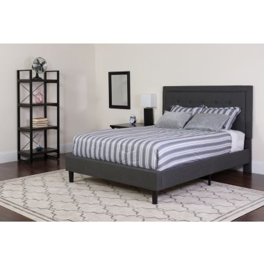 Flash Furniture Roxbury Twin Size Tufted Upholstered Platform Bed in Dark Gray Fabric with Memory Foam Mattress. View a larger version of this product image.