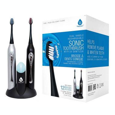 Pursonic Dual Handle Sonic Toothbrush with UV Sanitizer, 12 brush heads, Black/Silver. View a larger version of this product image.