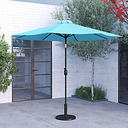 Merrick Lane Bali Patio Umbrella with Base - 9' Teal Polyester Patio Umbrella - 30+ UV Protection - Waterproof Black Cement Base with 1.5