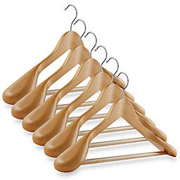 Casafield - 6 Wide Shoulder Wooden Suit Hangers - Premium Lotus Wood, Non-Slip Pant Bar & Chrome Swivel Hook for Dress Clothes, Coats, Jackets, Pants, Shirts, Skirts