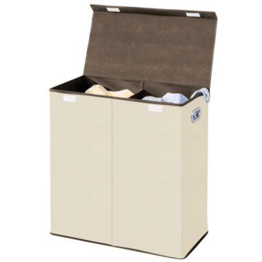 mDesign Divided Laundry Hamper Basket with Lid, Chrome Handles. View a larger version of this product image.