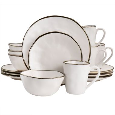 Elama Modern 16 Piece Stoneware Dinnerware Set in Matte White with Gold Rim. View a larger version of this product image.
