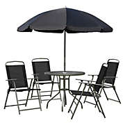Outsunny 6 Piece Patio Dining Set with Umbrella, 4 Folding Dining Chairs & Round Glass Table for Garden, Backyard and Poolside, Black