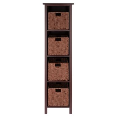 Milan 5-Pc Storage Shelf with 4 Foldable Woven Baskets, Walnut. View a larger version of this product image.
