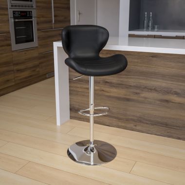 Flash Furniture Francis Contemporary Black Vinyl Adjustable Height Barstool with Curved Back and Chrome Base. View a larger version of this product image.