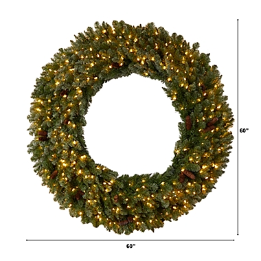 Nearly Natural 5&#39;D Flocked Artificial Christmas Wreath with Pinecones, 300 Clear LED Lights and 680 Bendable Branches. View a larger version of this product image.