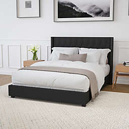 Merrick Lane Chenoa Upholstered Queen Size Platform Bed in Black Fabric with Button Tufted Headboard