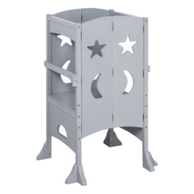 Qaba Kitchen Step Stool for Kids Wooden Foldable Helper Stool with Support Handles Safety Rail Cooking Stool Stand for Toddler Kitchen Bathroom Counter Step Non-Slip Grey. View a larger version of this product image.