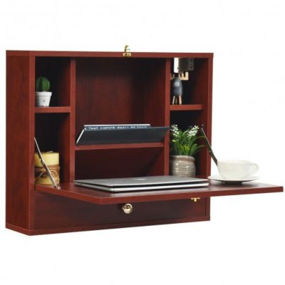 Costway Wall Mounted Folding Laptop Desk Hideaway Storage with Drawer-Brown