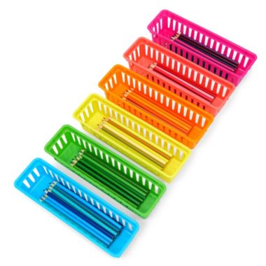 Juvale 12 Pack Small Pencil Holder Tray for Kids Desks, Colored Baskets for Organizing Classroom Supplies, 6 Rainbow Colors (10 In). View a larger version of this product image.