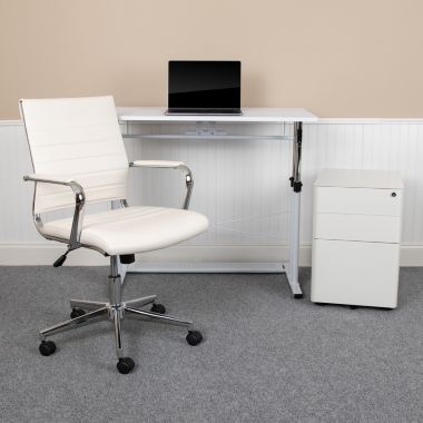 Flash Furniture Stiles Work From Home Kit - White Adjustable Computer Desk, LeatherSoft Office Chair and Side Handle Locking Mobile Filing Cabinet. View a larger version of this product image.
