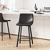 Merrick Lane Oretha Set of 2 Modern Black Faux Leather Upholstered Counter Stools with Contoured, Low Back Bucket Seats and Iron Frames