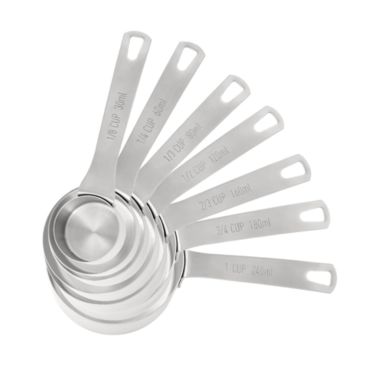 Chef Pomodoro Stainless Steel Measuring Cup Set, Nested and Stackable with 7 Pieces, Sturdy Extra-long Handles with Lasered Markings and Sorting Ring, Metal Kitchen Spoons for Wet and Dry Ingredients. View a larger version of this product image.