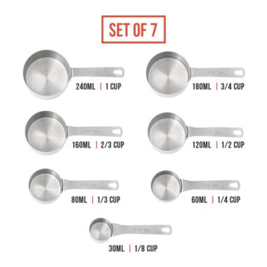 Chef Pomodoro Stainless Steel Measuring Cup Set, Nested and Stackable with 7 Pieces, Sturdy Extra-long Handles with Lasered Markings and Sorting Ring, Metal Kitchen Spoons for Wet and Dry Ingredients. View a larger version of this product image.