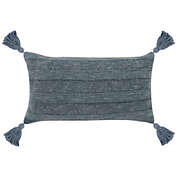 Saltoro Sherpi 14 x 26 Lumbar Throw Pillow, Handwoven Stripes, Cotton Linen, Tassels, Blue,