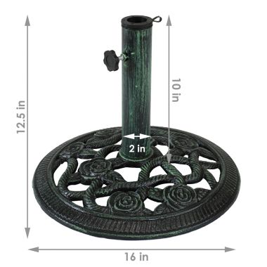 Sunnydaze Outdoor Heavy-Duty Cast Iron Decorative Rose Blossom Design Patio Yard Round Umbrella Base Stand - 16" - Green. View a larger version of this product image.