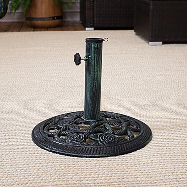 Sunnydaze Outdoor Heavy-Duty Cast Iron Decorative Rose Blossom Design Patio Yard Round Umbrella Base Stand - 16" - Green. View a larger version of this product image.