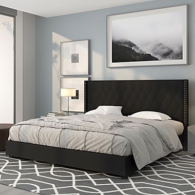 Emma + Oliver King Accent Extended Panel Platform Bed in Black Fabric. View a larger version of this product image.