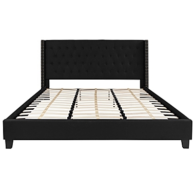 Emma + Oliver King Accent Extended Panel Platform Bed in Black Fabric. View a larger version of this product image.