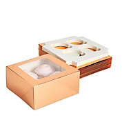 Blue Panda Rose Gold Cupcake Boxes with Window and 4-Count Inserts for Packaging (15 Pack)