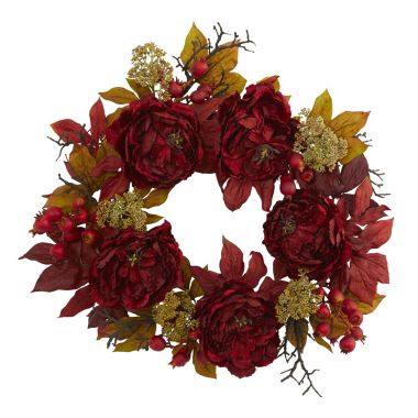 Nearly Natural Home Decorative 24" Peony Sedum Wreath. View a larger version of this product image.