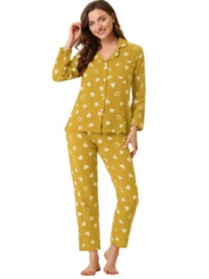Allegra K Women&#39;s Heart Elegant Pajama Sets Night Button Front Pj Sets Yellow S