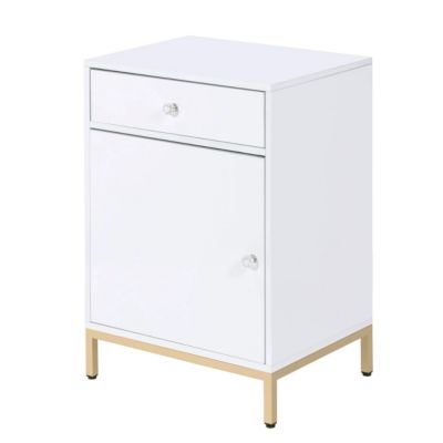 ACME Metal Base Wooden Cabinet with Drawer and Door Storage, White and Gold- Saltoro Sherpi