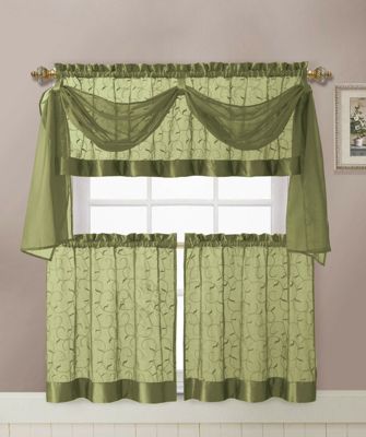 Kate Aurora Living Complete 4 Piece Linen Leaf Embroidered Complete Kitchen Curtain Set - 58 in. W x 36 in. L, Sage