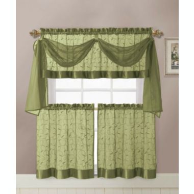 Kate Aurora Living Complete 4 Piece Linen Leaf Embroidered Complete Kitchen Curtain Set - 58 in. W x 36 in. L, Sage. View a larger version of this product image.